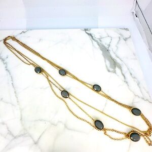 New York and Co Long Necklace Green Station Stones Multi Strand Gold Tone 35”